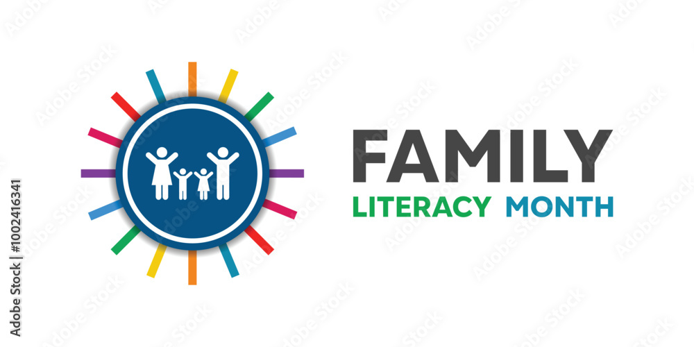 Fototapeta premium Family Literacy Month. Family and book. Great for cards, banners, posters, social media and more. White background.