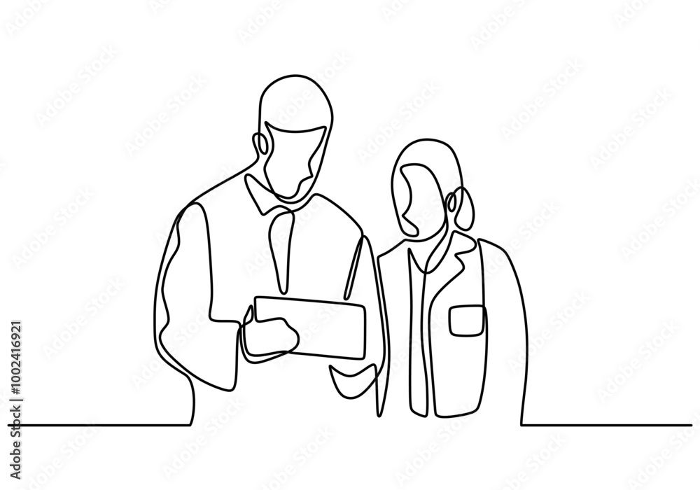 One Line Drawing of Two Researchers Engaging in Dialogue, Representing Teamwork in Scientific Inquiry. One Line Drawing of Two Researchers Engaging in Dialogue, Representing Teamwork in Scientific Inquiry.