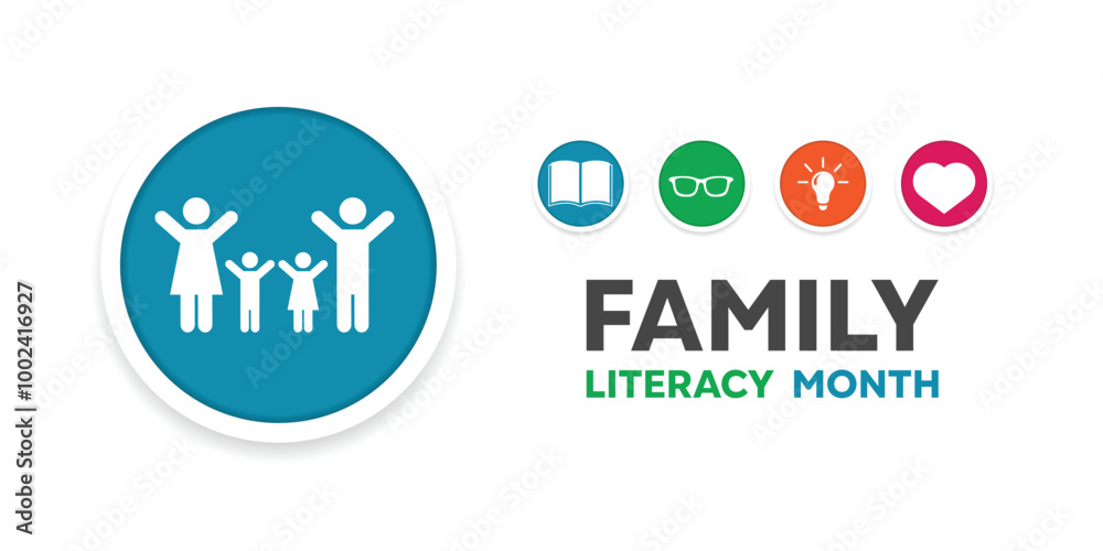 Family Literacy Month. Family, book, glasses, lamp and heart. Great for cards, banners, posters, social media and more. White background. Family Literacy Month. Family, book, glasses, lamp and heart. Great for cards, banners, posters, social media and more. White background.