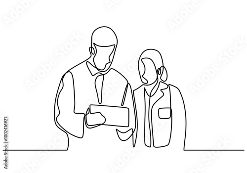 One Line Drawing of Two Researchers Engaging in Dialogue, Representing Teamwork in Scientific Inquiry.