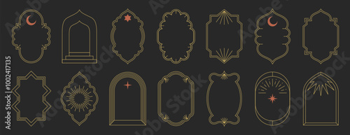 Islamic frame shapes set. Trendy boho thin line art arabic arches. Geometric minimalist aesthetic linear design windows, simple borders, arabian mosque arcs with sun rays, crescent. Eid mubarak doors