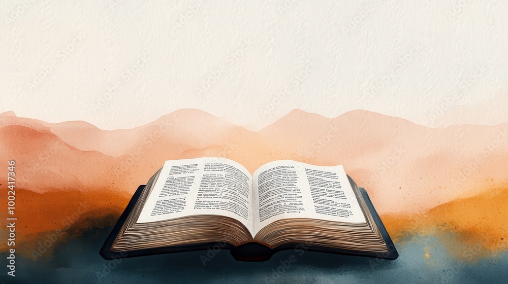 Fototapeta premium Peaceful open Bible displaying the comforting words from the Book of Psalms set against a warm serene watercolor landscape of mountains and sky