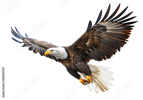 Bald eagle in mid-flight, isolated on transparent cutout background photo