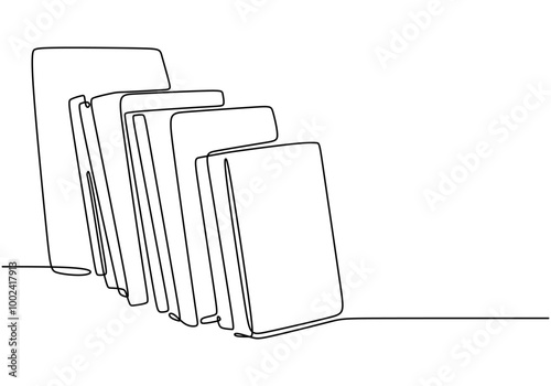 Continuous line drawing of a row of stacked books. Illustrating the organization of literary treasures.