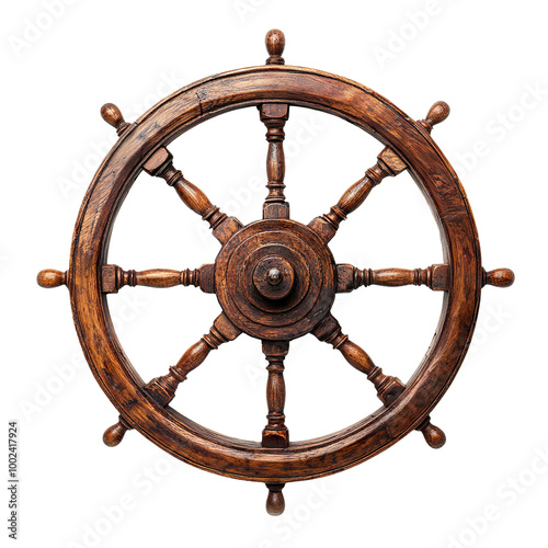 Antique wooden ship steering wheel, isolated on transparent cutout background photo