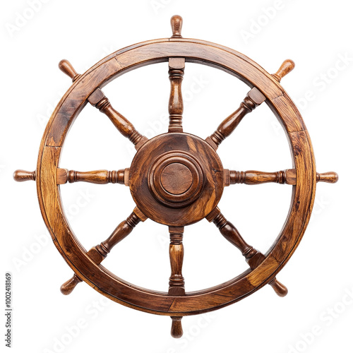 Antique wooden ship steering wheel, isolated on transparent cutout background