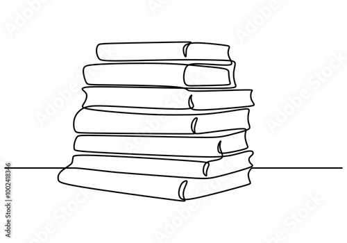 Continuous line drawing of a pile of books. Illustrating a treasure trove of stories.