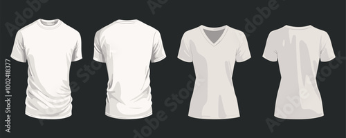 White female and male t-shirt mockup set. Front and back view. V-neck and round cutout neckline. Adult casual wear fashion plain blank templates. Simple flat style isolated vector on plain dark