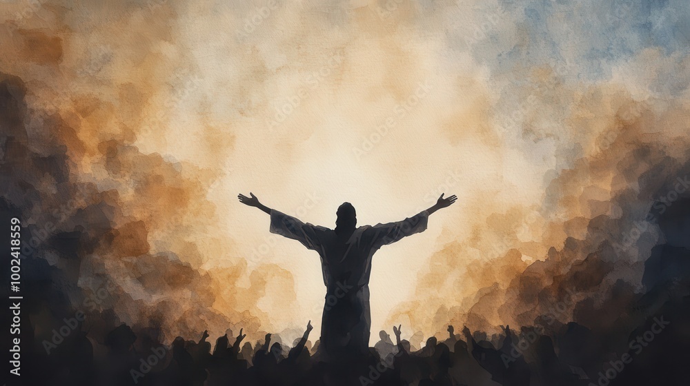 Silhouetted figure with arms outstretched in a pose reminiscent of a cross set against a dramatic watercolor sky and distant horizon This image evokes a sense of religious faith hope Silhouetted figure with arms outstretched in a pose reminiscent of a cross set against a dramatic watercolor sky and distant horizon This image evokes a sense of religious faith hope