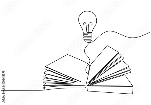One line art of a light bulb on an open book. Highlighting inspiration and learning.