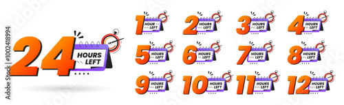Urgency countdown timer numbers of day left. Sticker limited hours to go on white background. Last offer badge with calendar and clock icons for promotion, discount, hot sales. Set number from 1 to 12