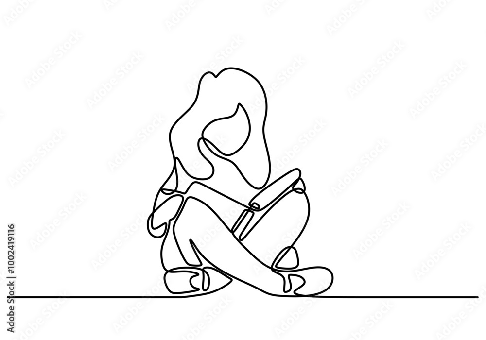 Obraz premium One line drawing of a girl reading. Highlighting curiosity and love for books.