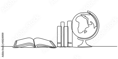 One line drawing of a globe and books. Connecting travel and knowledge. Back to school concept.