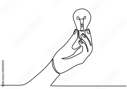 One line drawing of a hand holding a light bulb. Symbolizing inspiration and innovation.