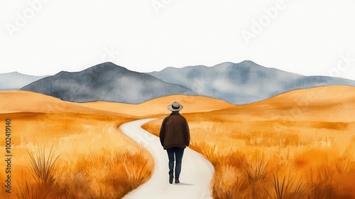 Pilgrim or solitary figure walking along a winding earthy toned path through a serene atmospheric landscape in a watercolor painting style  The image evokes themes of faith journey self discovery photo