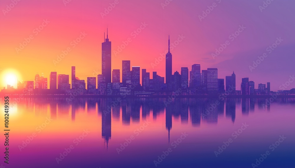 Obraz premium A vibrant and minimalistic illustration of a cityscape during a sunrise