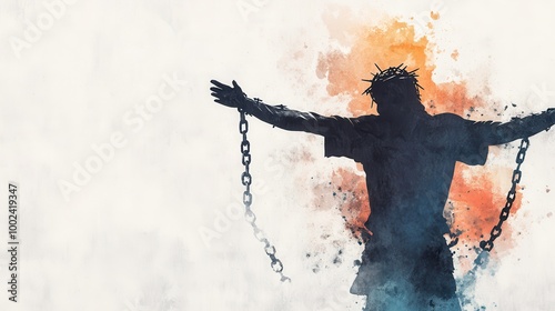 Silhouette of a spiritual figure with arms outstretched breaking free from chains at the foot of a cross symbol in a vibrant watercolor painting style representing the themes of freedom faith photo