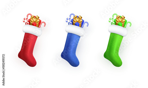 Christmas 3D hanging stockings with gift inside, colorful Santa sock, winter holiday decoration elements collection. 