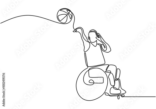 One line drawing of an individual with a disability playing basketball. Highlights athleticism.