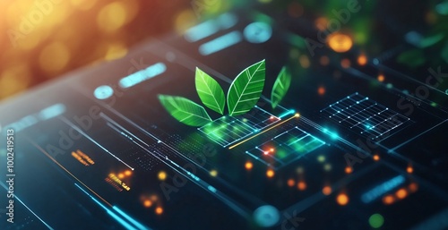 Green Leaves Growing on a Futuristic Tech Interface distplay panel photo