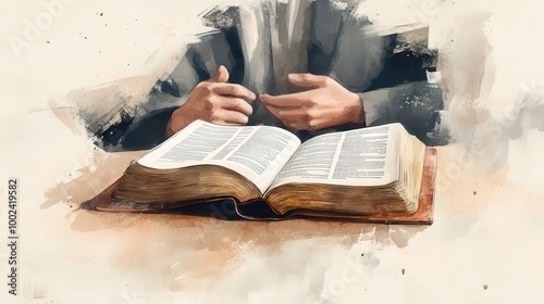 Open Bible on a Wooden Table Surrounded by People Discussing Scripture in Watercolor Painting Style  Spiritual Learning and Theological Contemplation