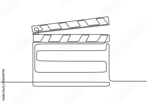 One line drawing of a film clapperboard. Represents filmmaking in a minimalist style.