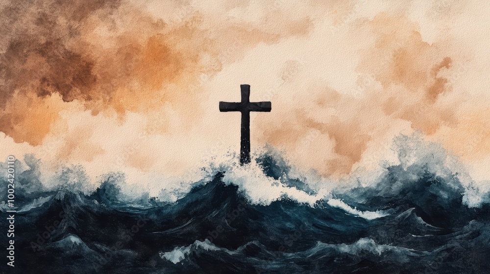 Dramatic Watercolor Painting Depicting a Cross Rising from the Stormy Seas Symbolizing Faith Belief in the Impossible and Divine Intervention Dramatic Watercolor Painting Depicting a Cross Rising from the Stormy Seas Symbolizing Faith Belief in the Impossible and Divine Intervention
