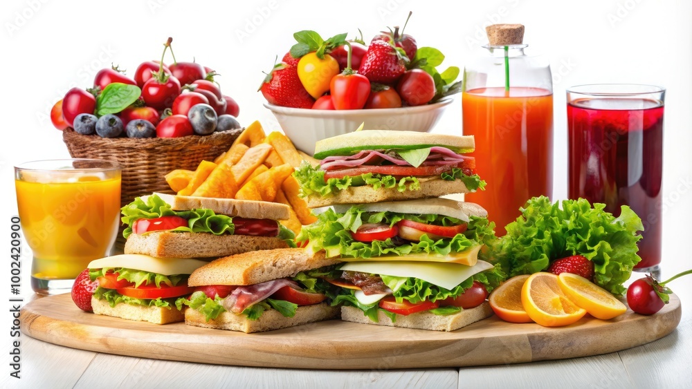 Vibrant clipart showcasing appetizing lunch options such as sandwiches, salads, fruits, and refreshing beverages, perfect for adding color and charm to any project. Vibrant clipart showcasing appetizing lunch options such as sandwiches, salads, fruits, and refreshing beverages, perfect for adding color and charm to any project.