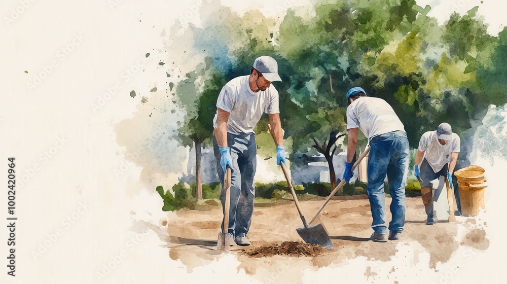 Volunteers Cleaning and Maintaining a Local Park in a Watercolor Painting Style Symbolizing the Power of Community Action and Faith in Improving the Environment Volunteers Cleaning and Maintaining a Local Park in a Watercolor Painting Style Symbolizing the Power of Community Action and Faith in Improving the Environment