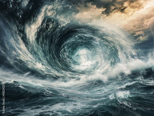 A huge wave is crashing into the ocean, creating a powerful and dramatic scene