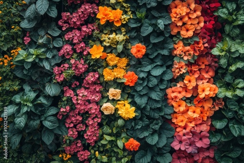 Vertical Garden of Multicolored Blossoms and Lush Green Leaves