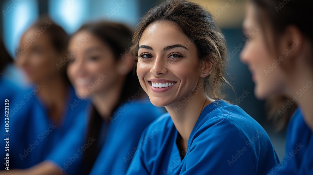 A diverse group of joyful nurses wearing blue scrubs at a meeting. A diverse group of joyful nurses wearing blue scrubs at a meeting.