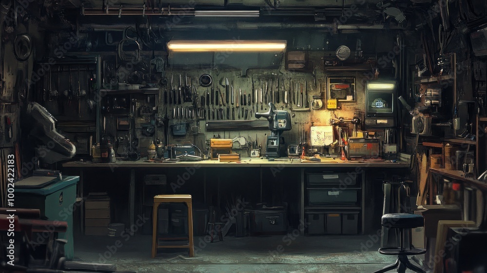 A cluttered workshop with a workbench, tools, and various objects A cluttered workshop with a workbench, tools, and various objects
