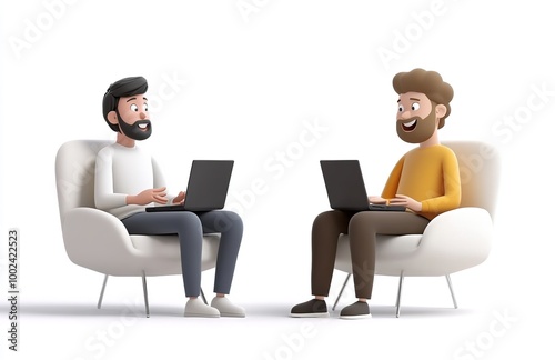 3D cartoon of two men sitting in chairs with fun expressions