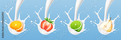 Milk, cream or yogurt liquid splash collection with strawberry, orange, lime and pear on light blue background.