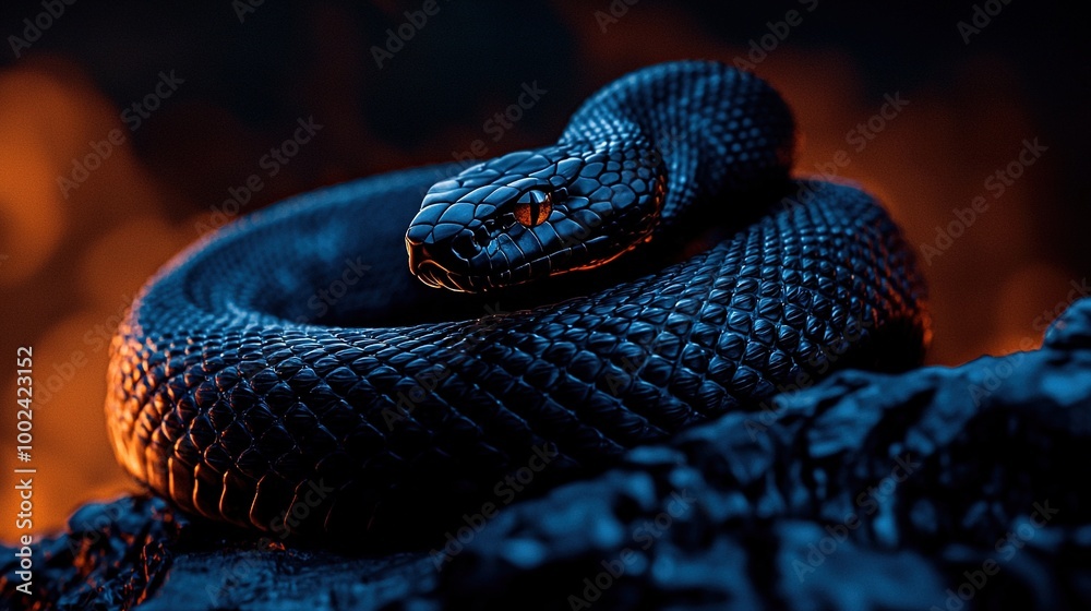 Fototapeta premium Snake on rock with fire in background and blurry image in foreground