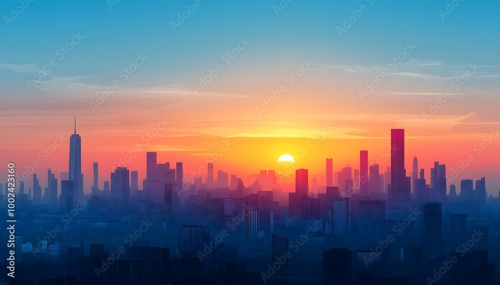 A simplistic illustration of a cityscape during a sunrise A simplistic illustration of a cityscape during a sunrise
