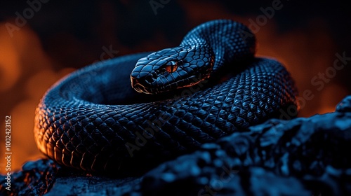   Snake on rock with fire in background and blurry image in foreground photo