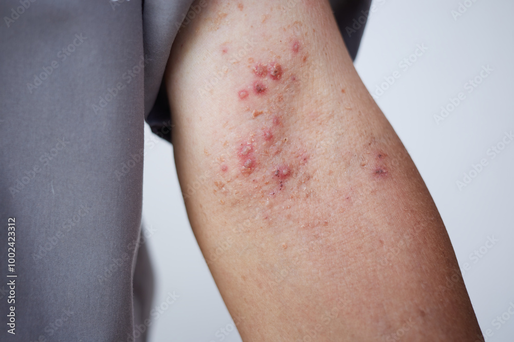 Dermatitis on skin, Skin decease becomes red, swollen, and sore, sometimes with small blisters Dermatitis on skin, Skin decease becomes red, swollen, and sore, sometimes with small blisters