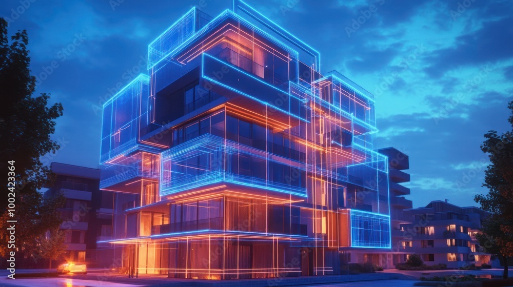 Modern apartment building illuminated with neon blue and orange light at night