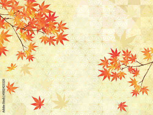 美しいもみじー金箔ー市松模様ー和紙の壁紙ー秋のイメージキラキラ背景素材フレーム
