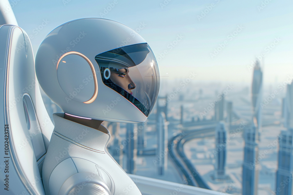 Futuristic urban transportation with female pilot in advanced aerial vehicle Futuristic urban transportation with female pilot in advanced aerial vehicle