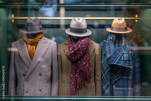 Elegant winter ensembles are showcased in a boutique window, featuring three mannequins dressed in fashionable coats, scarves, and hats, beautifully illuminated as evening falls photo