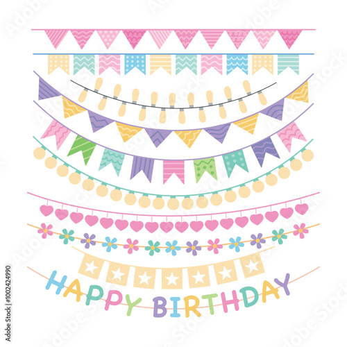 Set of birthday garlands with flags and stars in flat style. Flat vector hanging garlands set