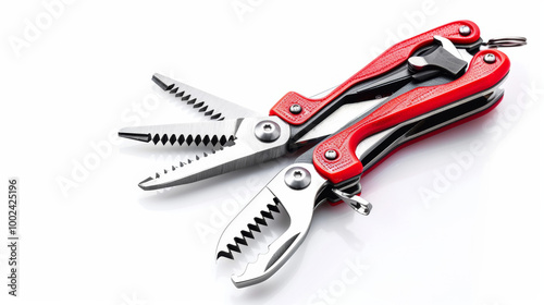 Multifunctional tool with pliers, knife, and other utilities isolated on white background