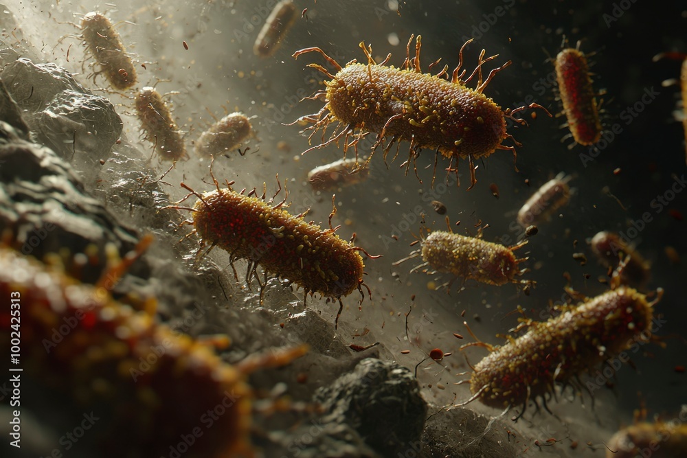 A microscopic view of bacteria swarming on a surface A microscopic view of bacteria swarming on a surface