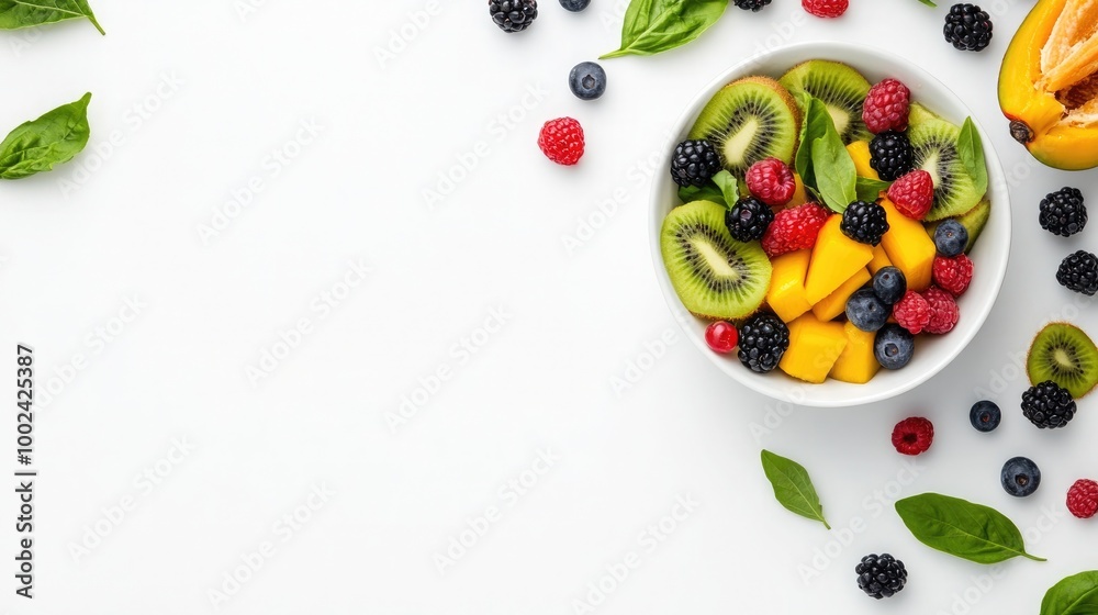 A vibrant bowl of fresh fruit salad featuring slices of kiwi, juicy mango, and assorted berries surrounded by green basil leaves. Perfect for healthy snacking A vibrant bowl of fresh fruit salad featuring slices of kiwi, juicy mango, and assorted berries surrounded by green basil leaves. Perfect for healthy snacking