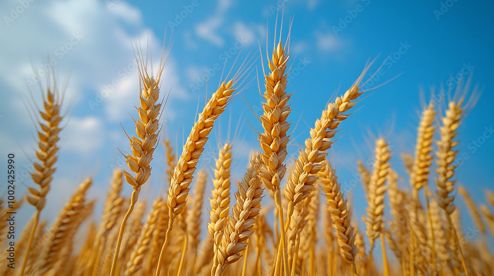 A detailed view of barley ears with golden grains, isolated against a blue sky, showcasing the beauty of raw, natural cereal crops A detailed view of barley ears with golden grains, isolated against a blue sky, showcasing the beauty of raw, natural cereal crops
