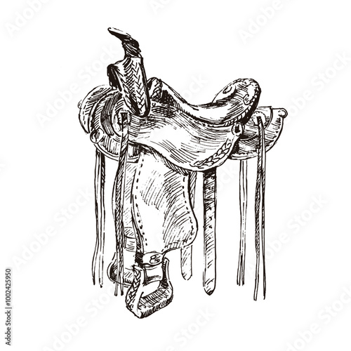 Hand drawn illustration of western horseback riding saddle