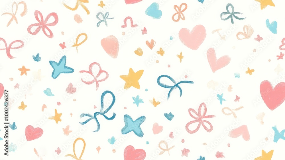 A colorful pattern of hearts, stars, and bows A colorful pattern of hearts, stars, and bows